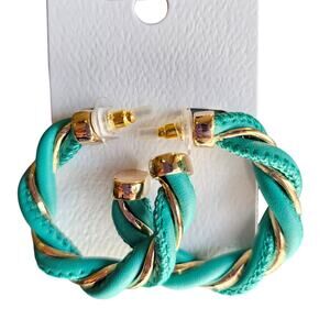 Twist Hoop Earrings Green Gold Faux Leather Statement Bold 1.5" Round Chunky NEW